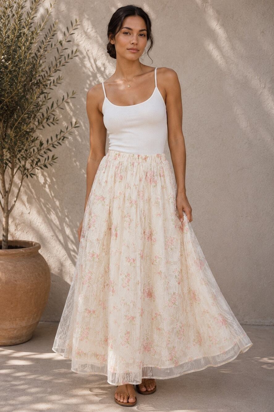 Rosie Posie Floral Mesh Maxi Skirt Sheer Overlay Romantic NWT Medium Elastic